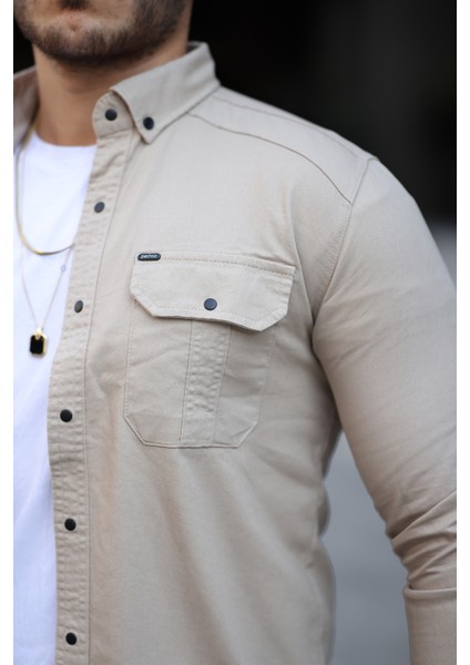 Erkek Krem Slim Fit Dar Kesim Kot Gömlek modelleri