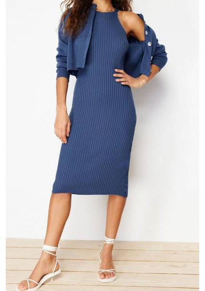 Moda Regular Casual Günlük Fitilli Triko Bisiklet Yaka Uzun Kol Bodycone Midi Boy Elbise