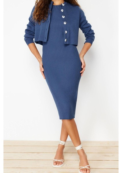 Moda Regular Casual Günlük Fitilli Triko Bisiklet Yaka Uzun Kol Bodycone Midi Boy Elbise