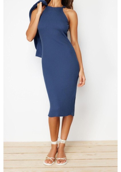 Moda Regular Casual Günlük Fitilli Triko Bisiklet Yaka Uzun Kol Bodycone Midi Boy Elbise