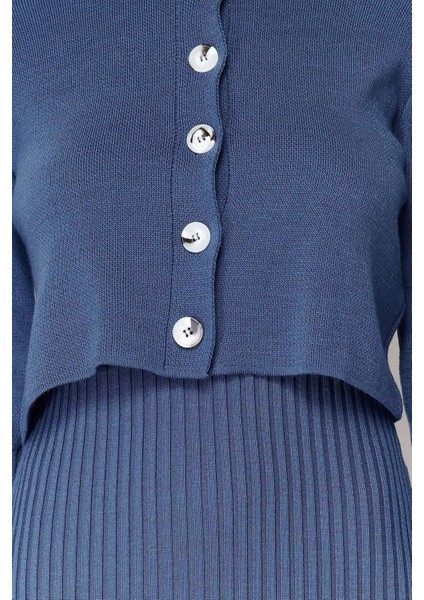 Moda Regular Casual Günlük Fitilli Triko Bisiklet Yaka Uzun Kol Bodycone Midi Boy Elbise
