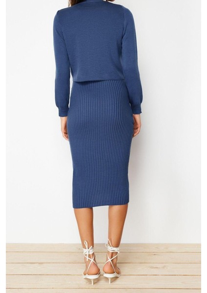 Moda Regular Casual Günlük Fitilli Triko Bisiklet Yaka Uzun Kol Bodycone Midi Boy Elbise