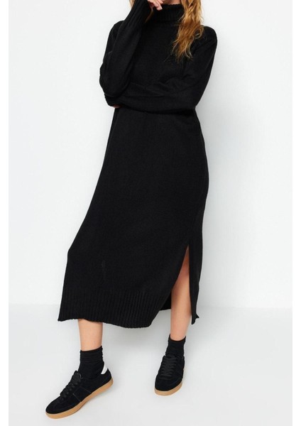 Moda Oversize Casual Günlük Dolu Iğne Triko Balıkçı Yaka Uzun Kol Shift Midi Boy Elbise modelleri