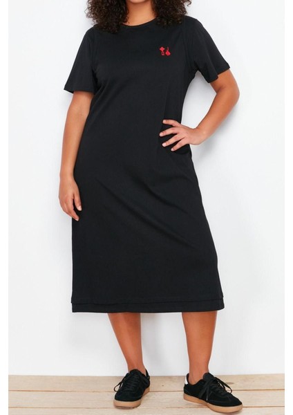 Moda Fit Casual Günlük Süprem Örme Bisiklet Yaka Kısa Kol T-Shirt Elbise Midi Boy Büyük Beden Elbise indirimleri