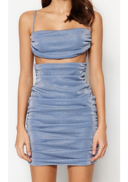 Moda Fit Mezuniyet Balo Simli Örme Örme Kare Yaka Askılı Kol Bodycone Mini Boy Elbise
