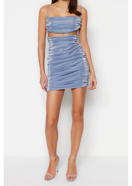 Moda Fit Mezuniyet Balo Simli Örme Örme Kare Yaka Askılı Kol Bodycone Mini Boy Elbise