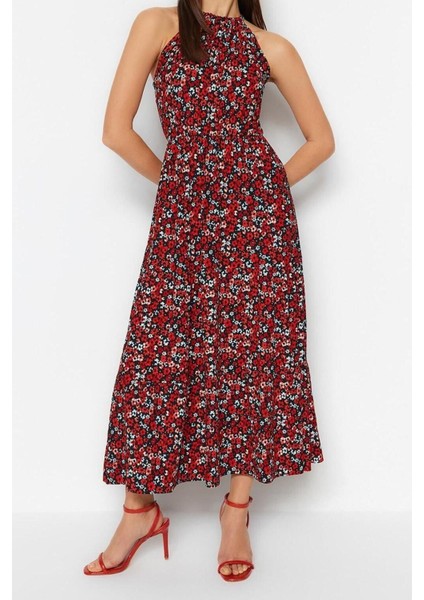 Moda Regular Günlük Polyester Kaşkorse Örme Boyundan Bağlamalı Kolsuz Kol Skater Maxi Boy Elbise