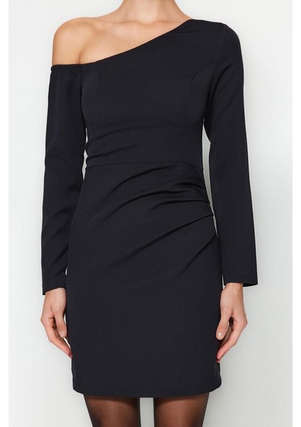 Moda Fit Mezuniyet Balo Finike Dokuma Asimetrik Yaka Uzun Kol Bodycone Mini Elbise