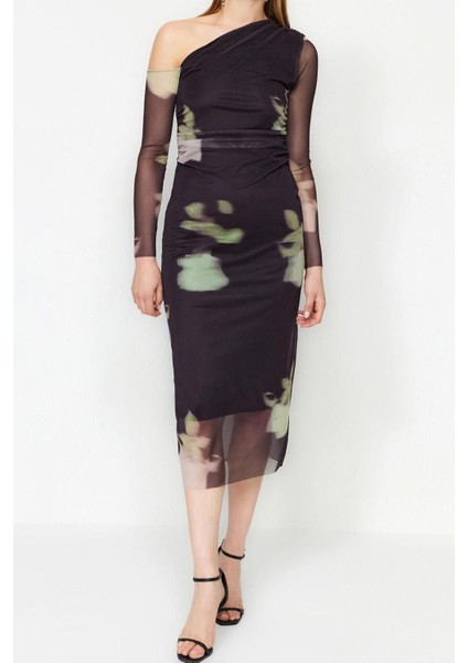 Moda Fit Şık Abiye Gece Tül Örme Asimetrik Yaka Uzun Kol Bodycone Midi Boy Elbise