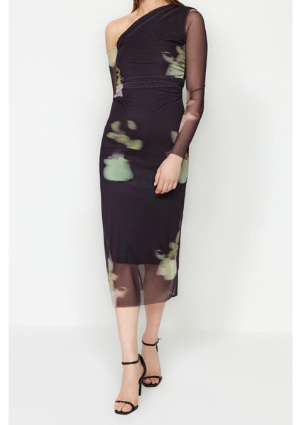 Moda Fit Şık Abiye Gece Tül Örme Asimetrik Yaka Uzun Kol Bodycone Midi Boy Elbise