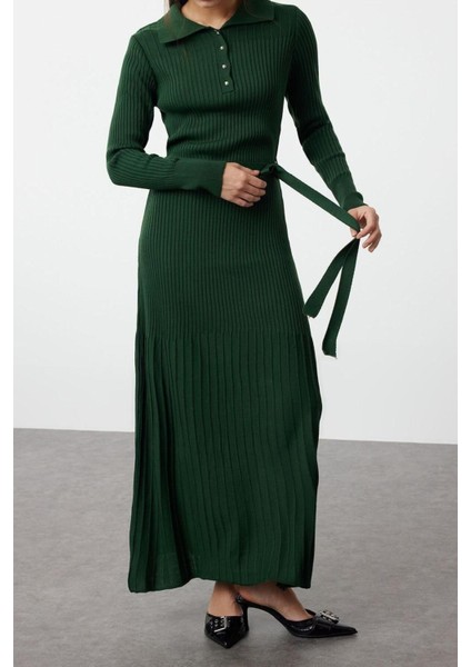 Moda Fit Casual Günlük Ribana Kaşkorse Triko Polo Yaka Uzun Kol Balık Maxi Boy Tesettür Elbise fırsatları