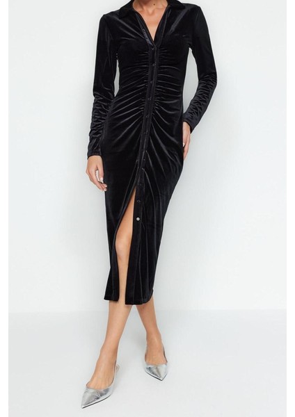 Moda Slim Casual Günlük Kadife Örme Polo Yaka Uzun Kol Bodycone Midi Boy Elbise