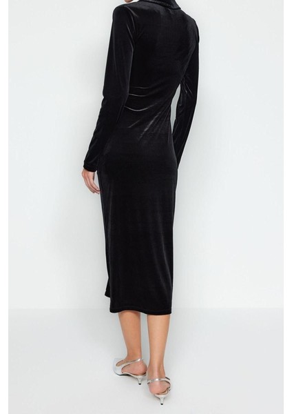 Moda Slim Casual Günlük Kadife Örme Polo Yaka Uzun Kol Bodycone Midi Boy Elbise