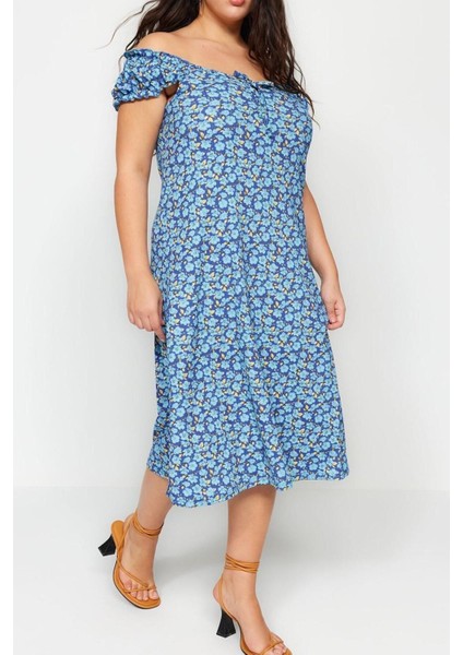 Moda Fit Casual Günlük Bürümcük Örme Kalp Yaka Kısa Kol A-Line Midi Boy Büyük Beden Elbise