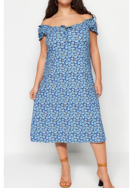 Moda Fit Casual Günlük Bürümcük Örme Kalp Yaka Kısa Kol A-Line Midi Boy Büyük Beden Elbise