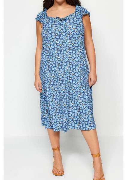 Moda Fit Casual Günlük Bürümcük Örme Kalp Yaka Kısa Kol A-Line Midi Boy Büyük Beden Elbise