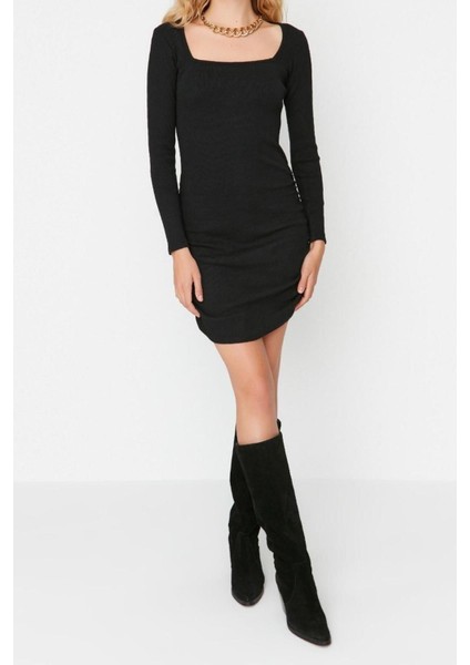 Moda Slim Casual Günlük Rejenere Kaşkorse Örme Kare Yaka Uzun Kol Bodycone Mini Boy Elbise modelleri