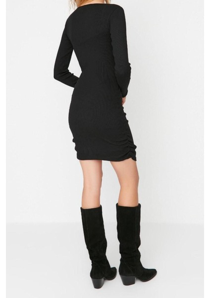 Moda Slim Casual Günlük Rejenere Kaşkorse Örme Kare Yaka Uzun Kol Bodycone Mini Boy Elbise indirimleri