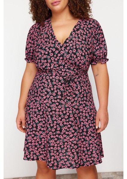 Moda Fit Casual Günlük Shally Dokuma V Yaka Kısa Kol A-Line Mini Boy Büyük Beden Elbise