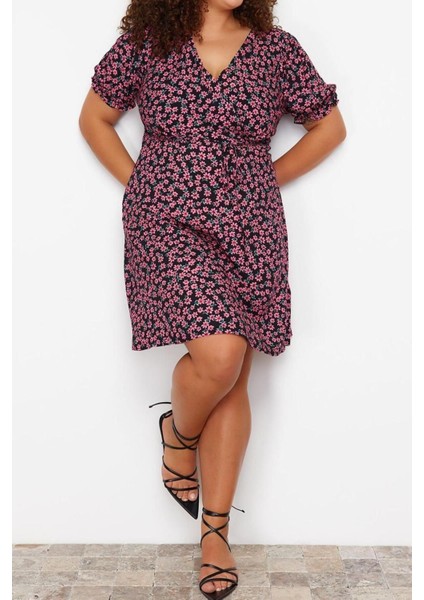 Moda Fit Casual Günlük Shally Dokuma V Yaka Kısa Kol A-Line Mini Boy Büyük Beden Elbise fiyatları