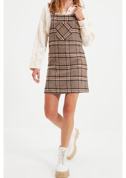 Moda Fit Casual Günlük Flanel Dokuma Kare Yaka Askılı Kol Jile Mini Boy Elbise