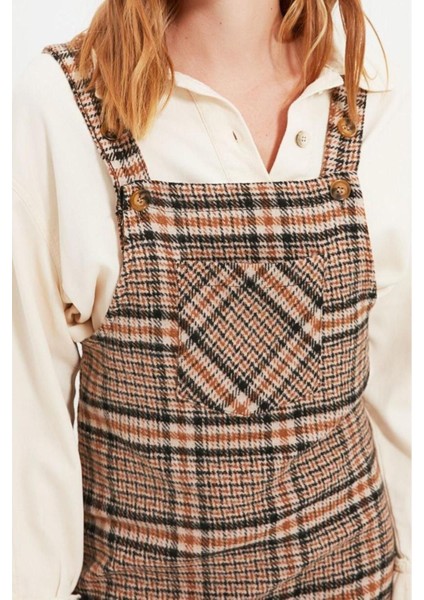 Moda Fit Casual Günlük Flanel Dokuma Kare Yaka Askılı Kol Jile Mini Boy Elbise