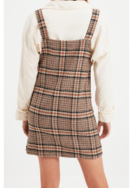 Moda Fit Casual Günlük Flanel Dokuma Kare Yaka Askılı Kol Jile Mini Boy Elbise