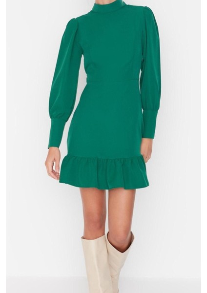 Moda Regular Business Finike Dokuma Dik Yaka Uzun Kol A-Line Mini Boy Elbise