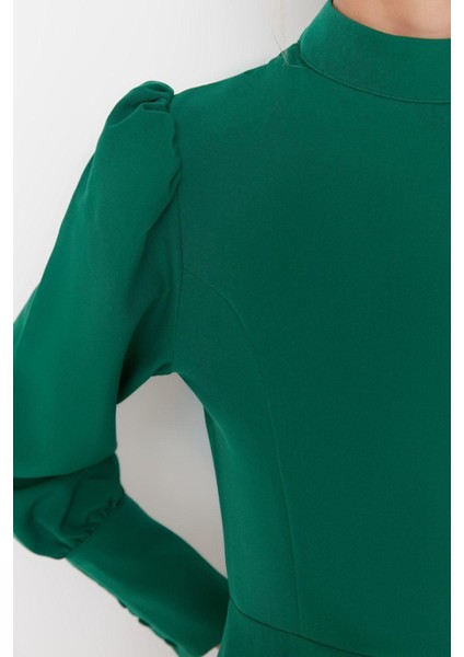 Moda Regular Business Finike Dokuma Dik Yaka Uzun Kol A-Line Mini Boy Elbise
