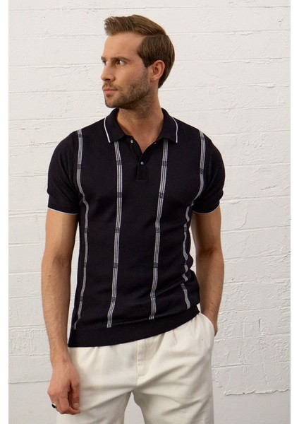 Erkek Slim-Fit Kalıp Polo Yaka Ince Triko T-Shirt Koyu Lacivert - 5012DNGR