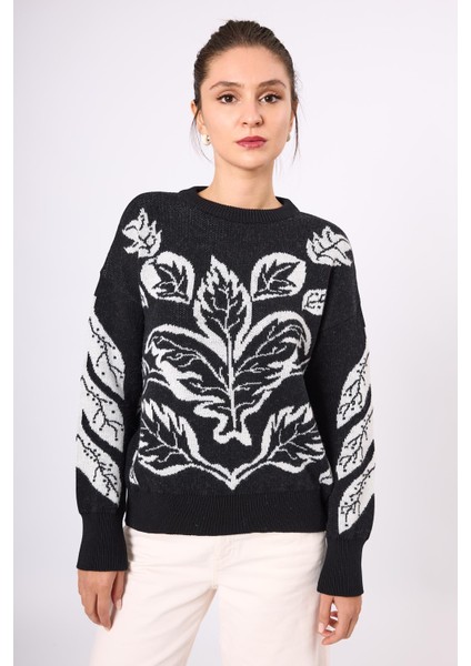 Stardust Jakarlı Kadın Krop Kesim Triko Kazak - Siyah/ekru fiyatları