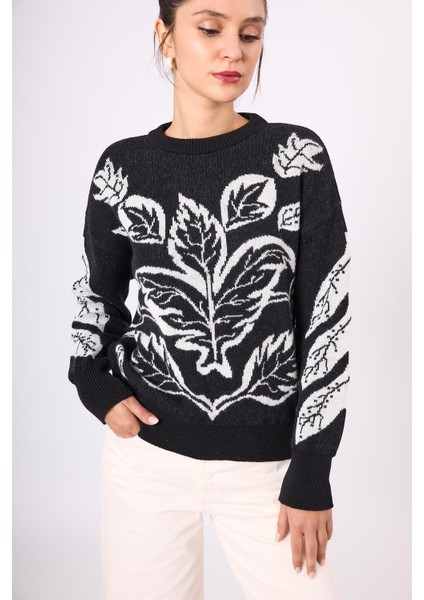 Stardust Jakarlı Kadın Krop Kesim Triko Kazak - Siyah/ekru fırsatları