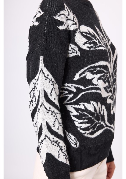 Stardust Jakarlı Kadın Krop Kesim Triko Kazak - Siyah/ekru indirimleri