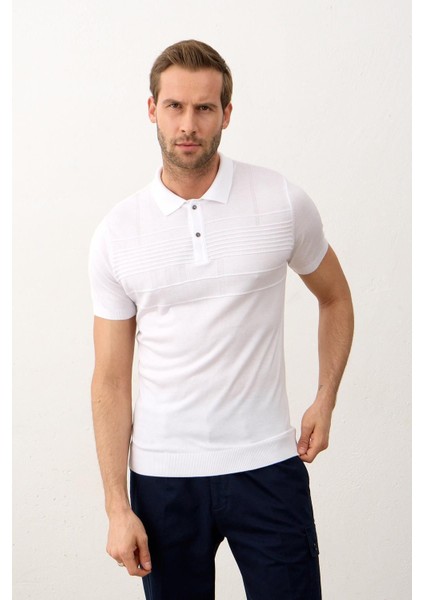 Erkek Çizgi Desenli Slim-Fit Kalıp Polo Yaka Yazlık Triko T-Shirt Beyaz - 5003DNGR fiyatları