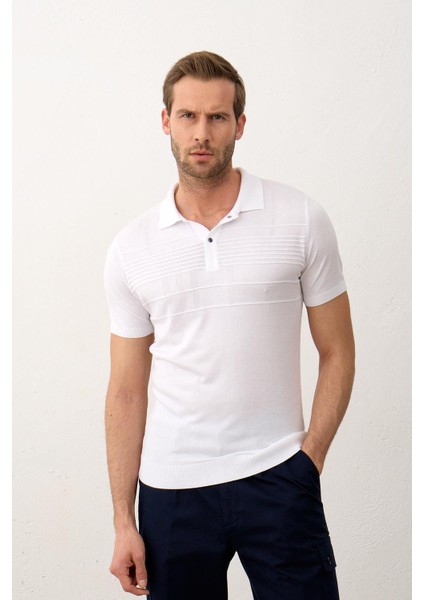 Erkek Çizgi Desenli Slim-Fit Kalıp Polo Yaka Yazlık Triko T-Shirt Beyaz - 5003DNGR fırsatları