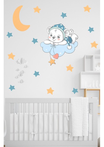 Bulut Üzerinde Uzanan Sevimli Mavi Pijamalı Ayıcık Ay ve Yıldızlar Çocuk Odası Duvar Sticker Seti