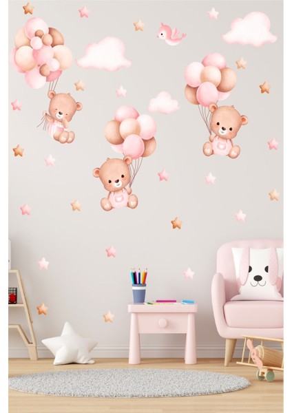 Bulut Yıldız Balon ve Kuş Temalı Sevimli Ayıcıklar Çocuk Odası Duvar Sticker Seti Duvar Çıkartması
