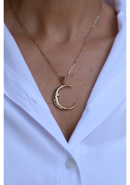 14 Ayar Altın Taşlı Hilal Kolye Ucu