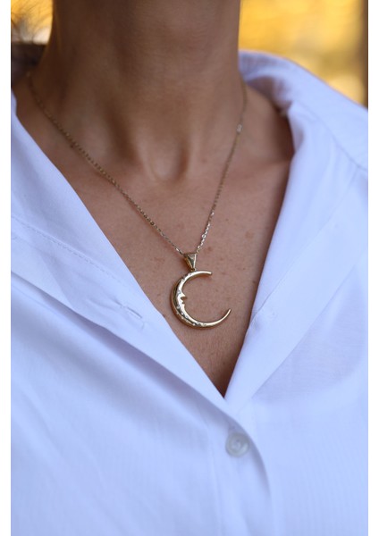 14 Ayar Altın Taşlı Hilal Kolye Ucu modelleri