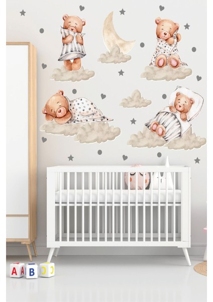 Uyuyan Sevimli Ayıcıklar Yıldız Ay Bulut Temalı Çocuk Odası Duvar Sticker Seti Duvar Çıkartması