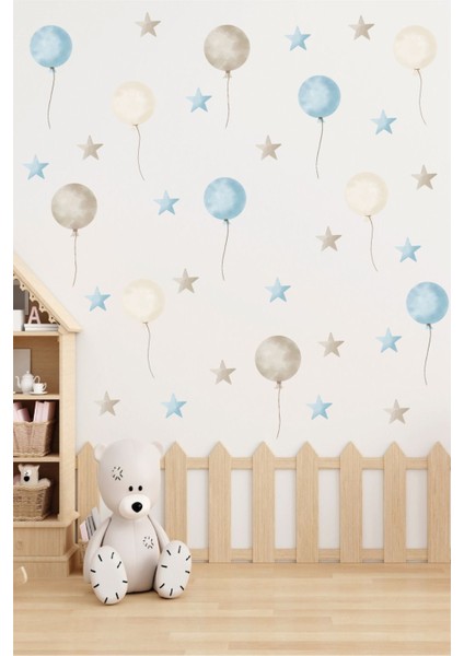 İpli Balon ve Yıldız Temalı Çocuk Odası Duvar Sticker Seti Duvar Çıkartması
