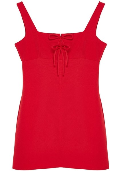 Moda Regular Gündüz Gece Finike Dokuma Kare Yaka Askılı Kol Shift Mini Boy Elbise
