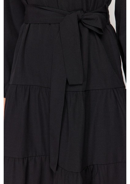 Moda Rahat Casual Günlük Terrycotton Dokuma Dik Yaka Uzun Kol Basic Maxi Boy Tesettür Elbise