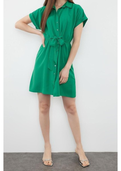 Moda Gömlek Elbise Günlük Terrycotton Dokuma Gömlek Yaka Kısa Kol Gömlek Elbise Mini Boy Elbise