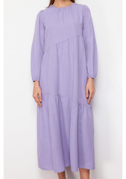 Moda Regular Casual Günlük Terrycotton Dokuma Bisiklet Yaka Uzun Kol A-Line Maxi Boy Tesettür Elbise