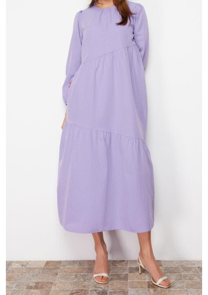 Moda Regular Casual Günlük Terrycotton Dokuma Bisiklet Yaka Uzun Kol A-Line Maxi Boy Tesettür Elbise