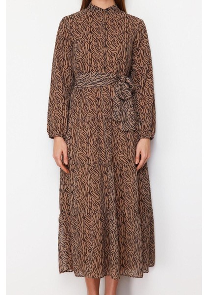 Moda Rahat Casual Günlük Şifon Dokuma Dik Yaka Uzun Kol Basic Maxi Boy Tesettür Elbise