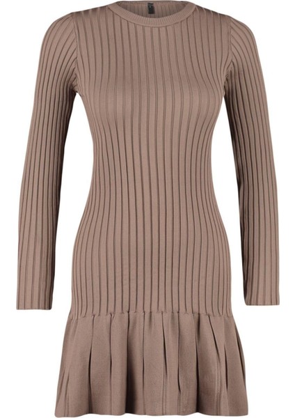 Moda Slim Gündüz Gece Dolu Iğne Triko Bisiklet Yaka Uzun Kol A-Line Mini Boy Elbise