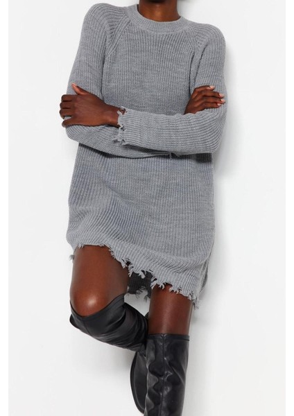 Moda Oversize Casual Günlük Çift Plaka Triko Bisiklet Yaka Uzun Kol A-Line Mini Boy Elbise