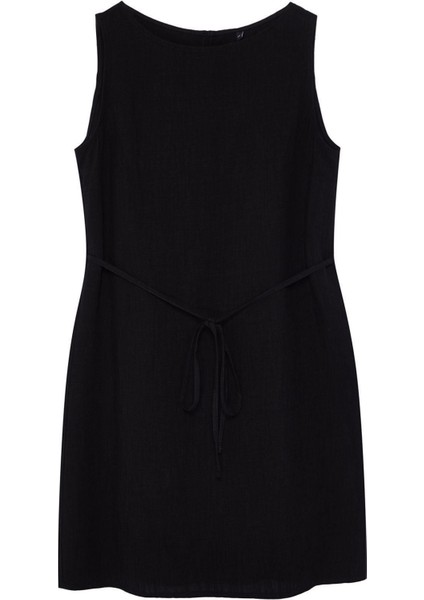 Moda Regular Gündüz Gece Keten Karışımlı Dokuma Bisiklet Yaka Askılı Kol A-Line Mini Boy Elbise